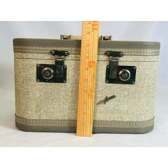 Vintage Air Away Mid Century Train Case Gray Tweed W/ Tray & Key - Picture 13 of 14